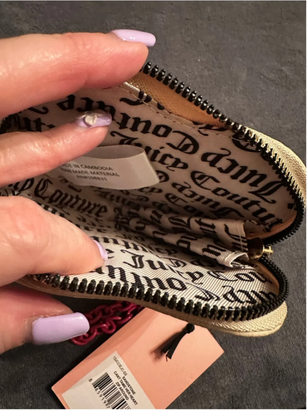 Juicy Couture Beige and Pink Heart Zip Around Wristlet